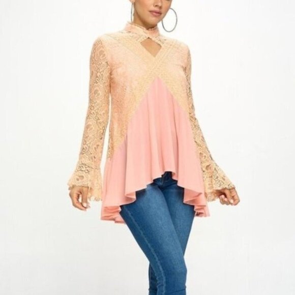 Flowy Lace Trim Tunic Top Long Sleeve in Blush - Picture 1 of 15